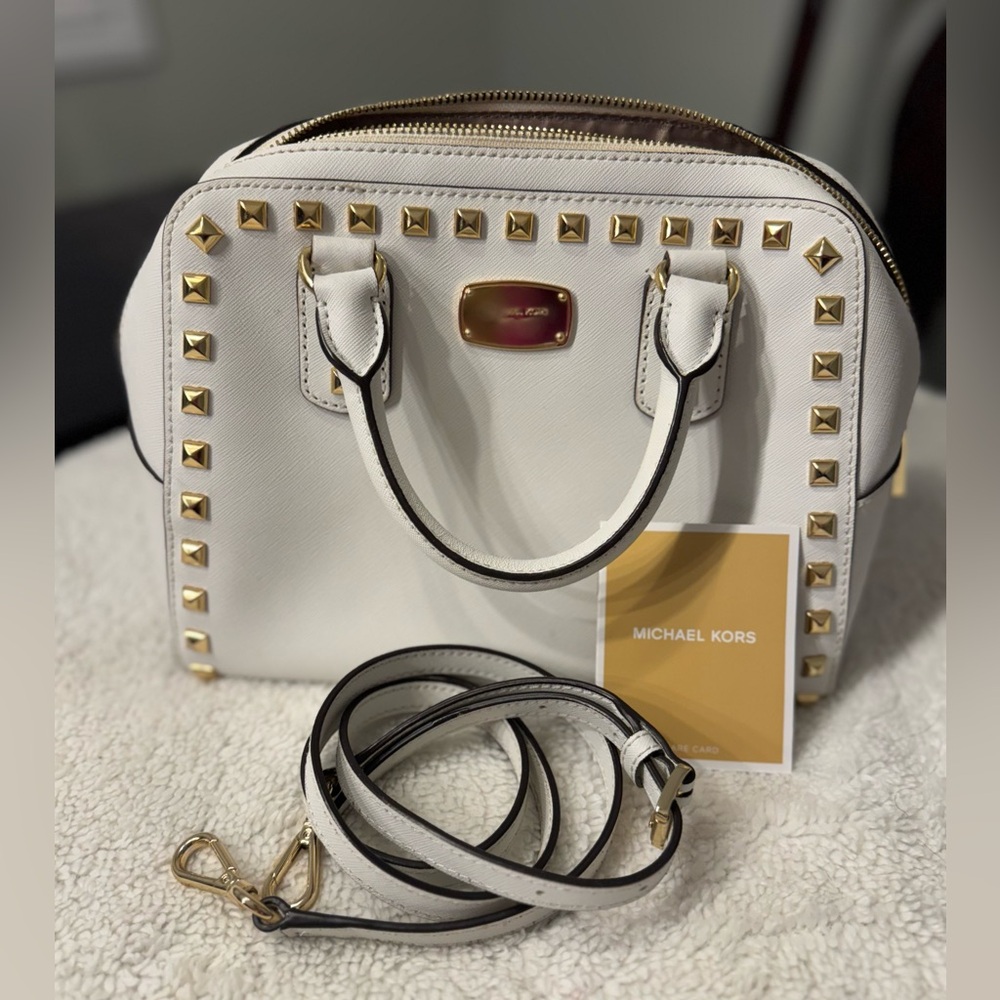 ☘️ Michael Kors White Satchel with Gold Accents and Studs